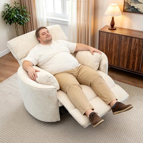 Image of 450lbs Oversized Power Recliner Chair for Big & Tall Adults, Extra Wide Electric Chair with USB & Type-C Ports, Chenille Single Sofa with Pillows for Living Room, Bedroom, Beige