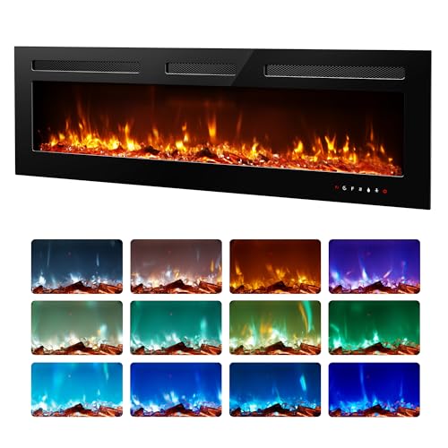 EUHOMY 60 Inch Electric Fireplace Recessed Wall Mounted with Remote Control, Fireplace Heater with Adjustable Flame Color, Linear Fireplace with Timer, Log & Crystal, 750/1500W (2026 Upgrade)