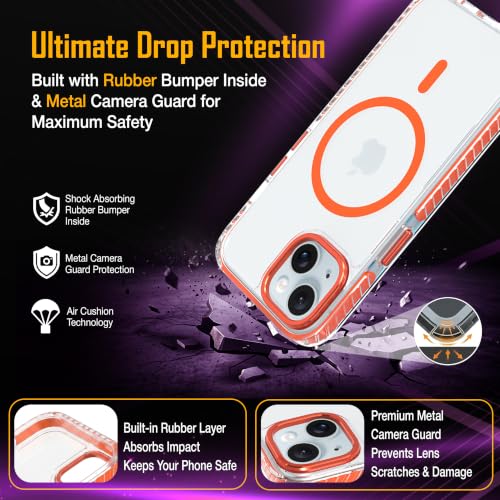 Image of Zapcase Crystal Clear Back case for iPhone 15 | Hard PC Back | TPU Bumper with Inner Rubber Grip | Metal Camera Guard Bezel | Metal Buttons | Scratch Resistant Cover | 2 Layer Edge Protection | Orange