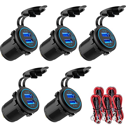 5 Pack Quick Charge 3.0 12V USB Outlet, Qidoe Waterproof QC3.0 Dual USB Power Outlet with Touch Switch Fast Car Charger Socket for 12V-24V Car Golf Cart Boat RV Motorcycle - More Affordable Pack
