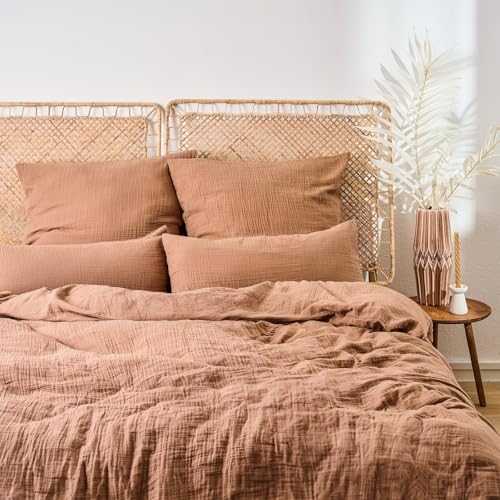 Blumtal Musselin Bettwäsche 135x200 cm + 80x80 cm - Oeko-TEX zert. Bettwäsche 135x200 Musselin aus 100% Baumwolle - extra weiches Bettwäsche-Set waschbar bei 40 °C - Sommerbettwäsche Kupfer