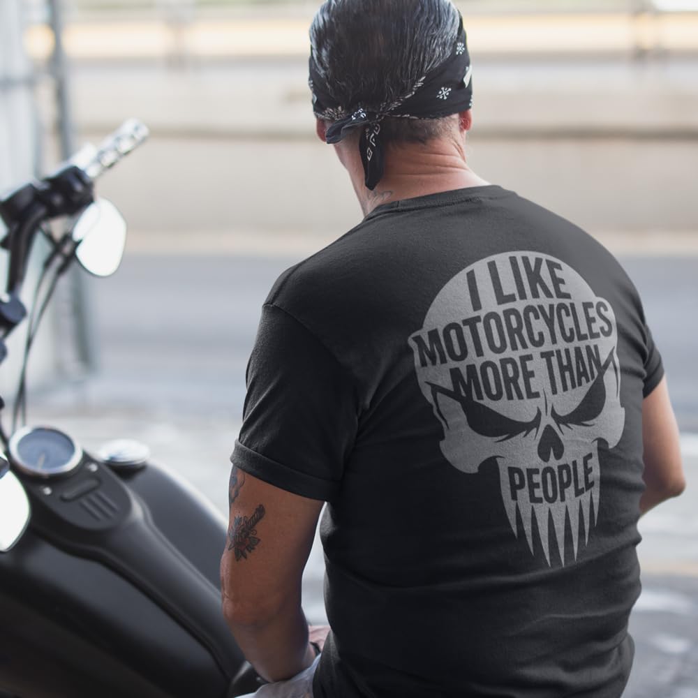 Maglietta da moto con teschio 'I Like Motorcycles More Than People', nero, design motociclista