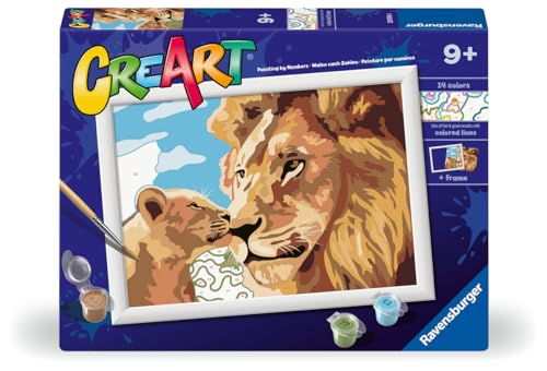 Ravensburger CreArt: Leone e cucciolo – Dipingere con i Numeri per Bambini 9+ Anni, Kit Pittura con Tavole, Cornice, Pennello e Colori Inclusi, 25 x 18,30 cm, Idee Regalo