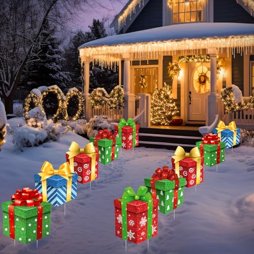 Memorywuu 10 Pcs Christmas Yard Signs Decor with LED Lights Glitter Yard Signs with Stakes Outdoor Xmas Stakes for Holiday Outdoor Lawn Pathway Decor(Gift Box)
