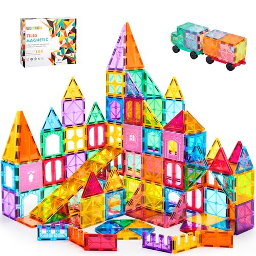 OugerToy 104PCS Magnetic Tiles STEM Building Blocks for Kids Ages 3-9, Educational Stacking Toys with Car Bases, Creative Construction Gift for Boys Girls