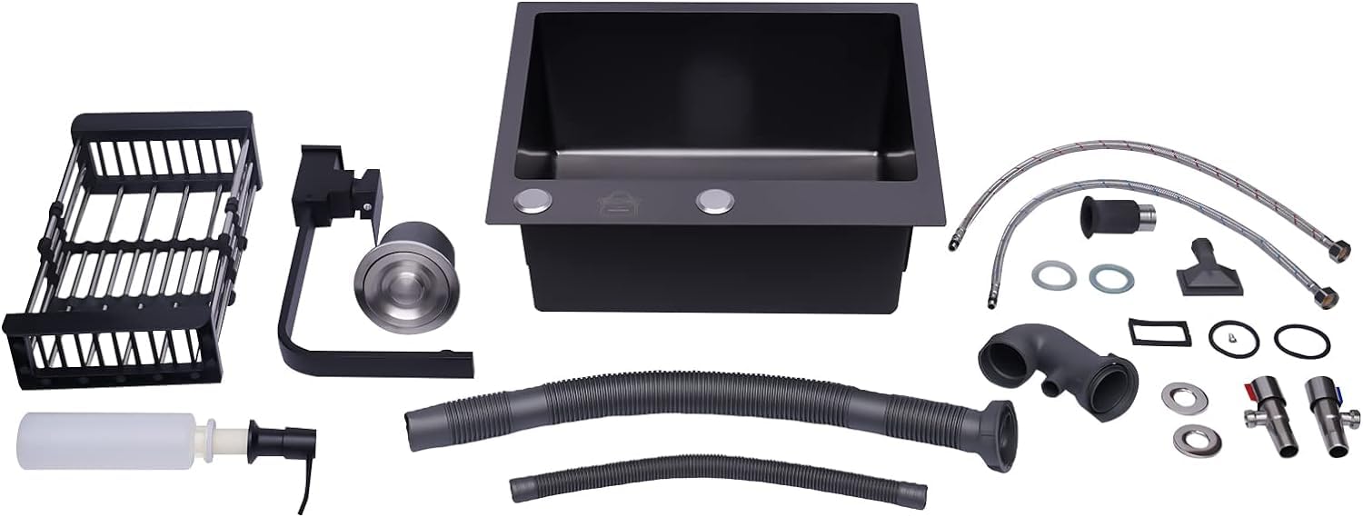 Spüle, Spülbecken Edelstahl mit Armatur Schwarz, Einbauspüle Küchenspüle Granitspüle für 45 cm Unterschrank, mit Küchenarmatur 360° Drehbar, Seifenspender, Über und Ablaufgarnitur