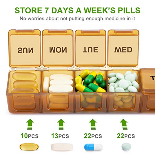 Image of BUG HULL Weekly Pill Organizer Large 2 Packs, Extra Large Travel Pill Organizers, Pill Box 7 Day, Travel Pill Case, Medicine Pill Organizer for Vitamins, Supplements and Medications (Brown+White)