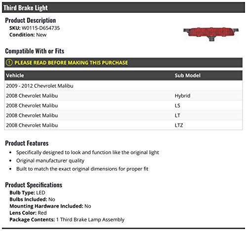 Marketplace Auto Parts, 3rd Third Brake Light Lens LED - Compatible with 2008-2012 Chevy Malibu