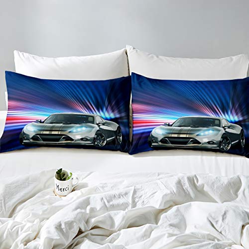 Race Sports Car Comforter Cover Extreme Sports Theme Bedding Set Car Sports Competition Duvet Cover for Kids Boys Girls Automobile Style Geometric Stripes Bedspread Cover Room Decor Double Size - Image 2