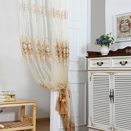 Aifish Delicate Embroidered Sheer Lace Curtain Drapes European Style Home Decor Window Treatment Floral Tulle Curtains Room Divider For Living Room Bedroom Rod Pocket Top 1 Panel W39 X L63 Inch #TOP2
