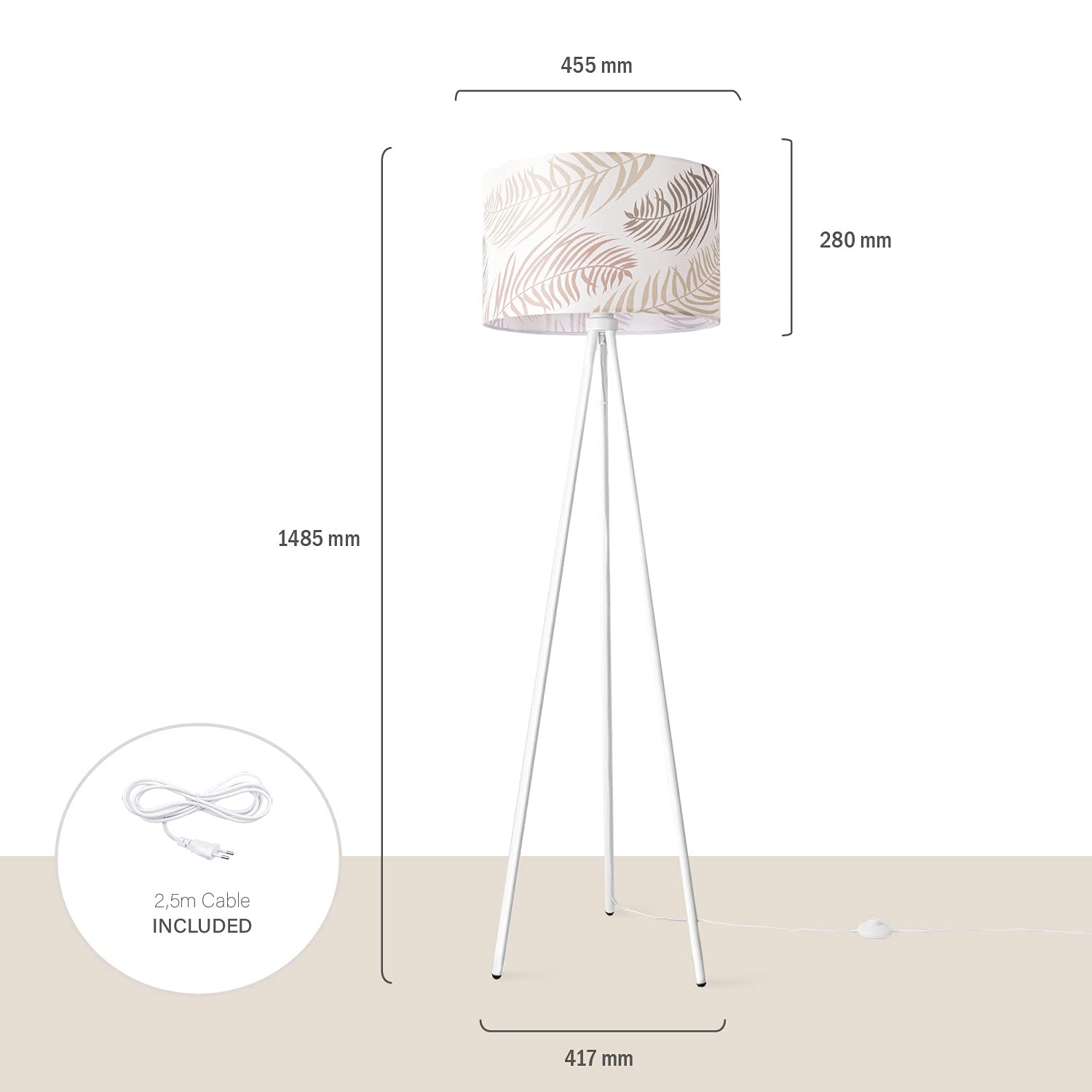 Paco Home Stehlampe Leselampe Wohnzimmer Deko Büro Dreibein Lampenschirm Rund Stoff Lampe Blumen Muster Jungle E27, Farbe:Design 1 (Ø45,5 cm), Leuchtenart/Farbe:Stehleuchte Dreinbein - Weiß