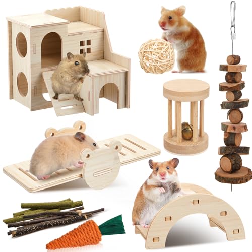 Sonwyoung 8 Pcs Hamster Cage Accessories Hamster Starter Kit with Maze Wood House, Bridge, Seesaw, Chew Toys Set for Gerbils and Mice Small Animals Habitat Supplies(Classic Villa)