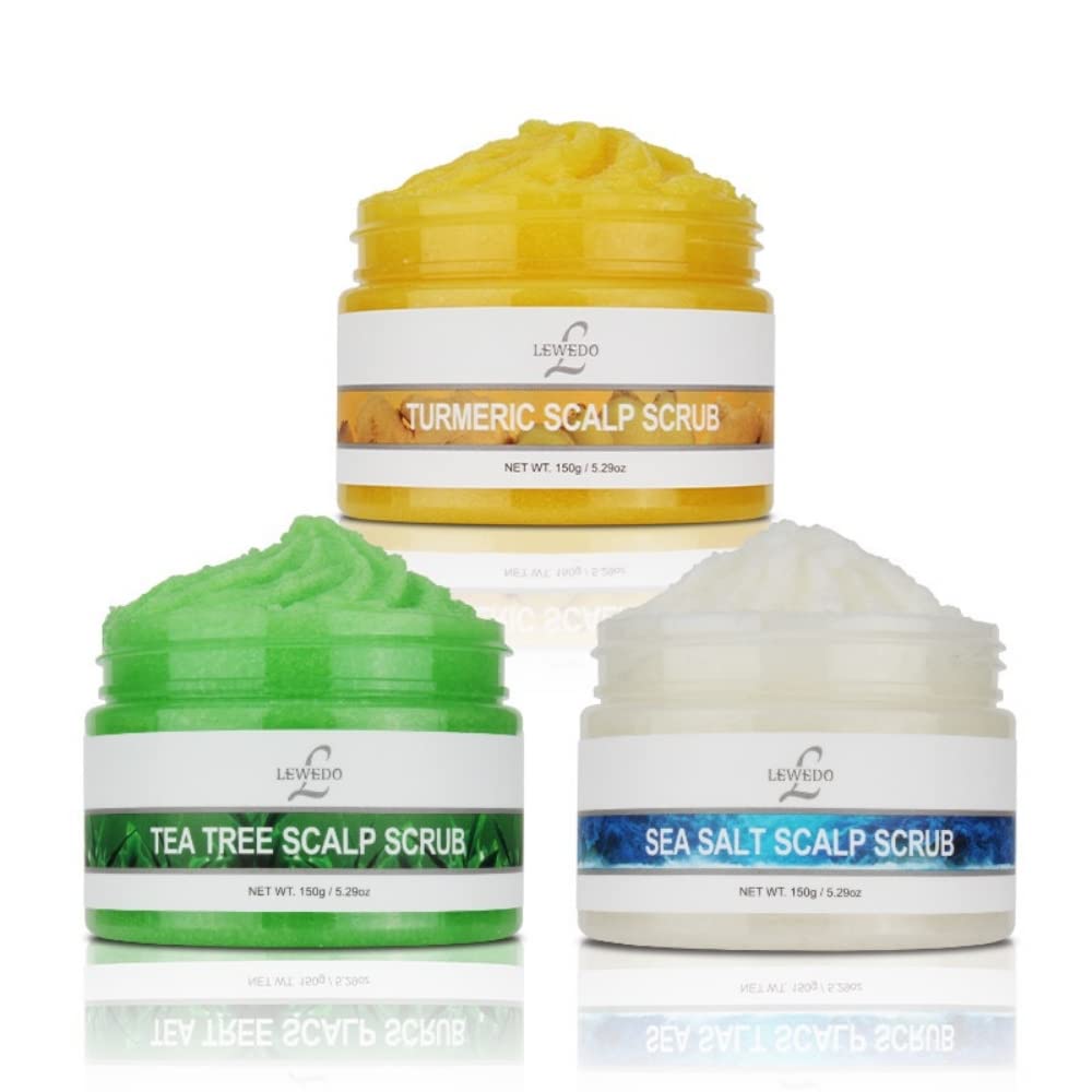 LEWEDO Exfoliante Exfoliante para Cabello y Cuero Cabelludo con Sal del Mar Muerto SET 3x150g | con aceite de árbol de té, cúrcuma y ácido hialurónico | Reducir la grasa del cabello | Efecto anticaspa