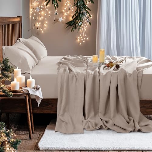 Image of 100% Pure Linen Sheet Set for Hot Sleepers, Breathable Natural Linen Sheets 4pcs, Bedding Set Deep Pocket Up to 16 inch Moisture-Wicking, Softens with Every Wash (LStone Beige King)