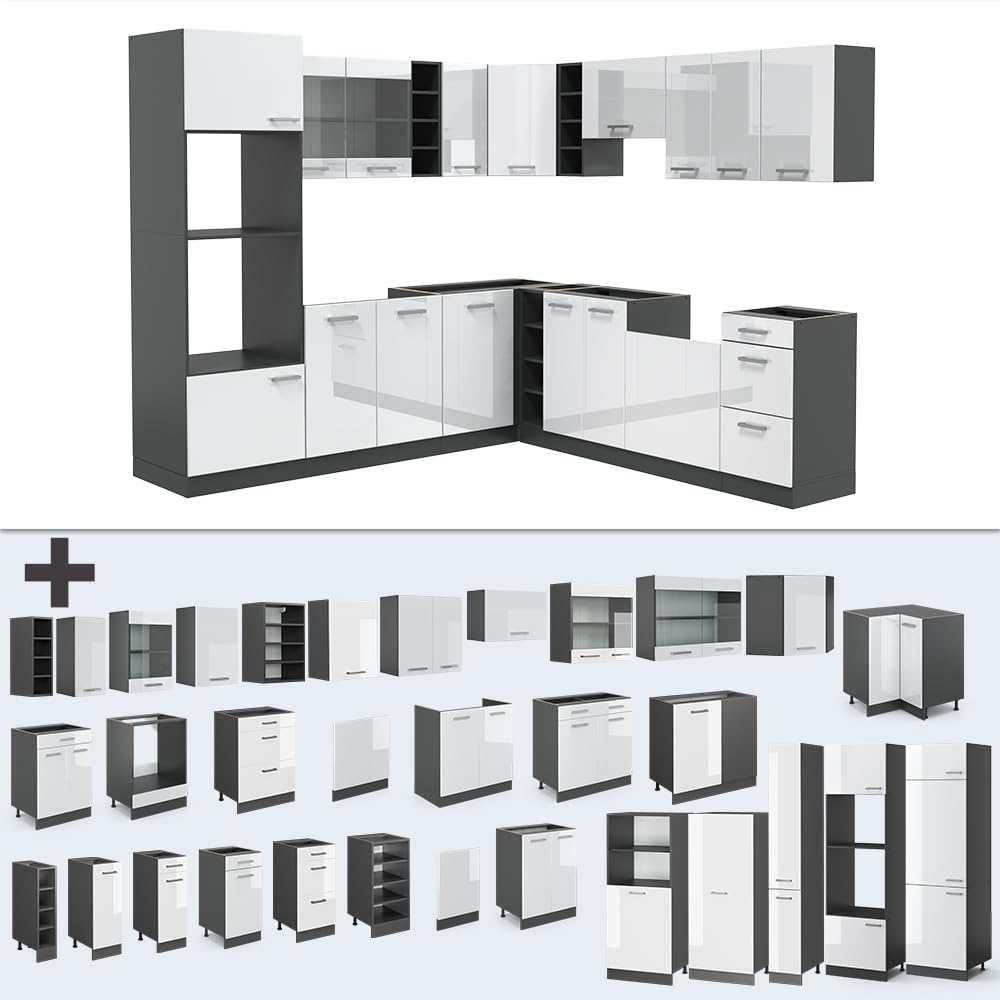 Vicco Eckküche R-Line, Weiß Hochglanz/Anthrazit, 247 x 237 cm | ohne Arbeitsplatte, für variable Küchenplanung und modulare Erweiterung
