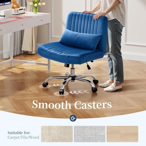 Image of Velvet Criss Cross Desk Chair with Wheels, Luxury Cross Legged Office Office, Swivel Wide Seat Vanity Chair, Armless Adjustable Height Gaming Chair Gift, Dusty (1, Royal Blue)