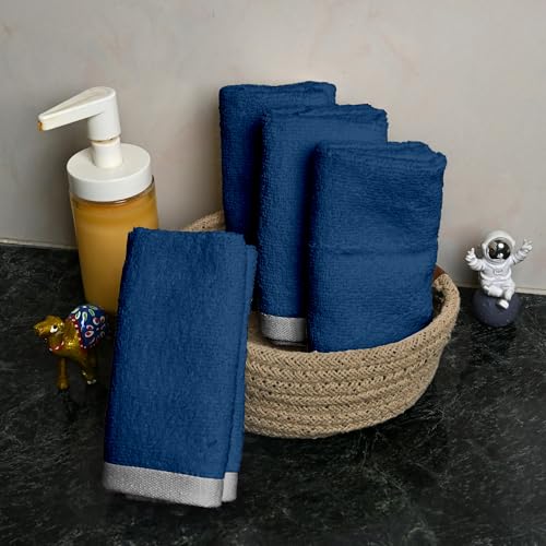 Image of Divine Casa 500 GSM Cotton Face Towel Set of 4 | 30 x 30 CM Blue Soft Absorbent Cotton Face Towels | Quick Dry Washcloth Set