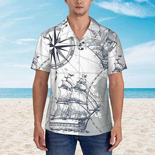 Mens Hawaiian Shirts Button Down Shirt Nautical Sailboat Map Grey Boat Sketch Ship Wheel Compass Anchor Beach Shirt2