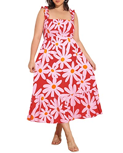 Image of Plus Size Summer Dress - Sun Boho Beach Casual Floral Spaghetti Strap Sleeveless Long Maxi Dresses