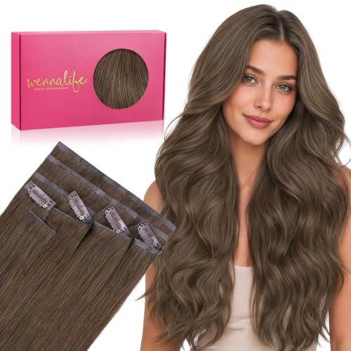 Image of WENNALIFE Invisible Edge Seamless Clip in Hair Extensions Real Human Hair | 20'' 150g 7pcs Light Ash Brown. Ultra-Thin PU Weft, Easy, Comfortable Clip in Luxury Remy Hair Extensions