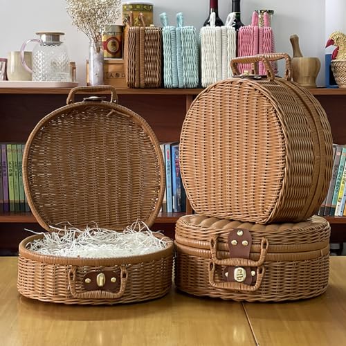 Rattan Korb Tasche, Vintage Handkoffer mit Tragegriff Picknickkorb mit Schloss Gewebter Aufbewahrungskorb Geschenkboxen Körbe Für Kleidung, Decken, Handtücher, Spielzeug. (S)