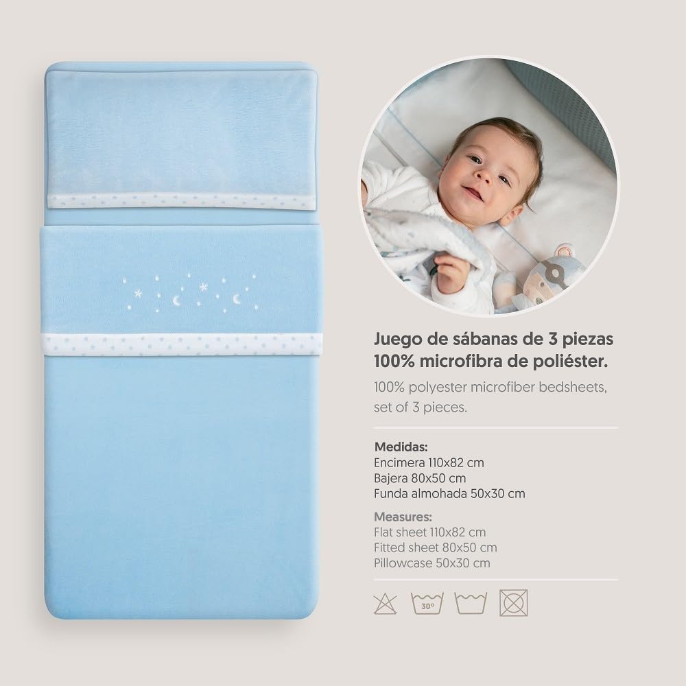 Interbaby - Parure de draps pour Poussette 40 x 80 | Drap Polaire Corail Chaud | Comprend Un Drap-Housse, Un Drap de Dessus et Une taie d'oreiller | Idéal pour l'hiver | Étoiles et Lune