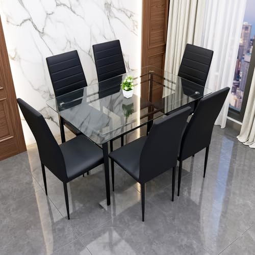 Image of Metal Dining Table Set with Clear 12 mm Thick Toughened Glass Top with Chair for Home Kitchen & Dining Room (Black Full Cushion, 6 Seater 3 x 5 feet)