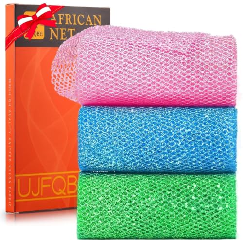 Image of UJFQBH 3 Piece Bright Style African exfoliating net Exfoliating Shower Set Long Bath Sponges for Smooth, Refreshed Skin, The Exterior Gleams - Ideal for Daily Use (Bright Pink, Blue, Green)
