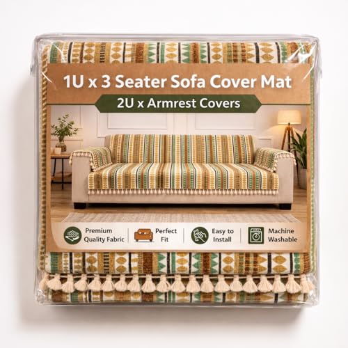 Image of Gifts Island 3 Seater Cotton Sofa Cover Mat | Anti Slip Sofa Cover Throw | All Over Furniture Protector with Elastic Straps | Washable Couch Cover for Living Room (Brown, 3 Seater)