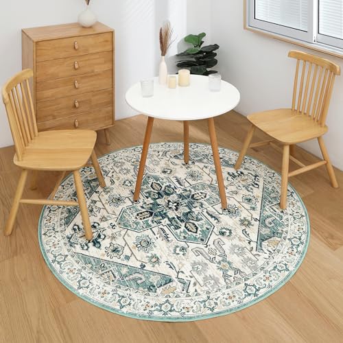 VK VK·LIVING Washable Round Rug 5ft Vintage Circle Area Rugs with Non-Slip Round Carpets for Living Room Bedroom, Stain Resistant Floor Carpets for Dining Home Office Boho Rug, Soft Sage - image 7