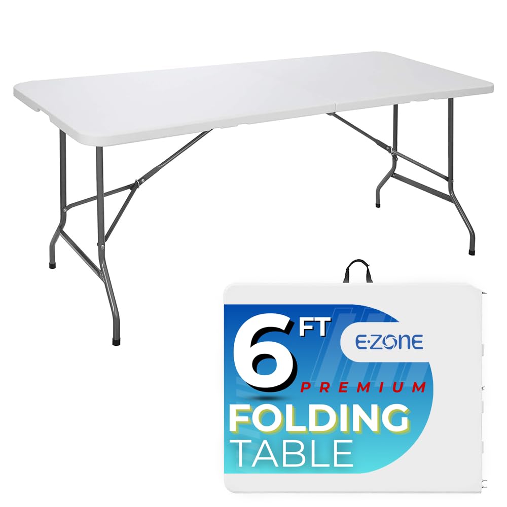 EZONE 6ft Indoor Outdoor Heavy Duty Portable Folding Plastic Dining Table w/Handle, Lock for Picnic, Party, Camping - White (6 Ft)