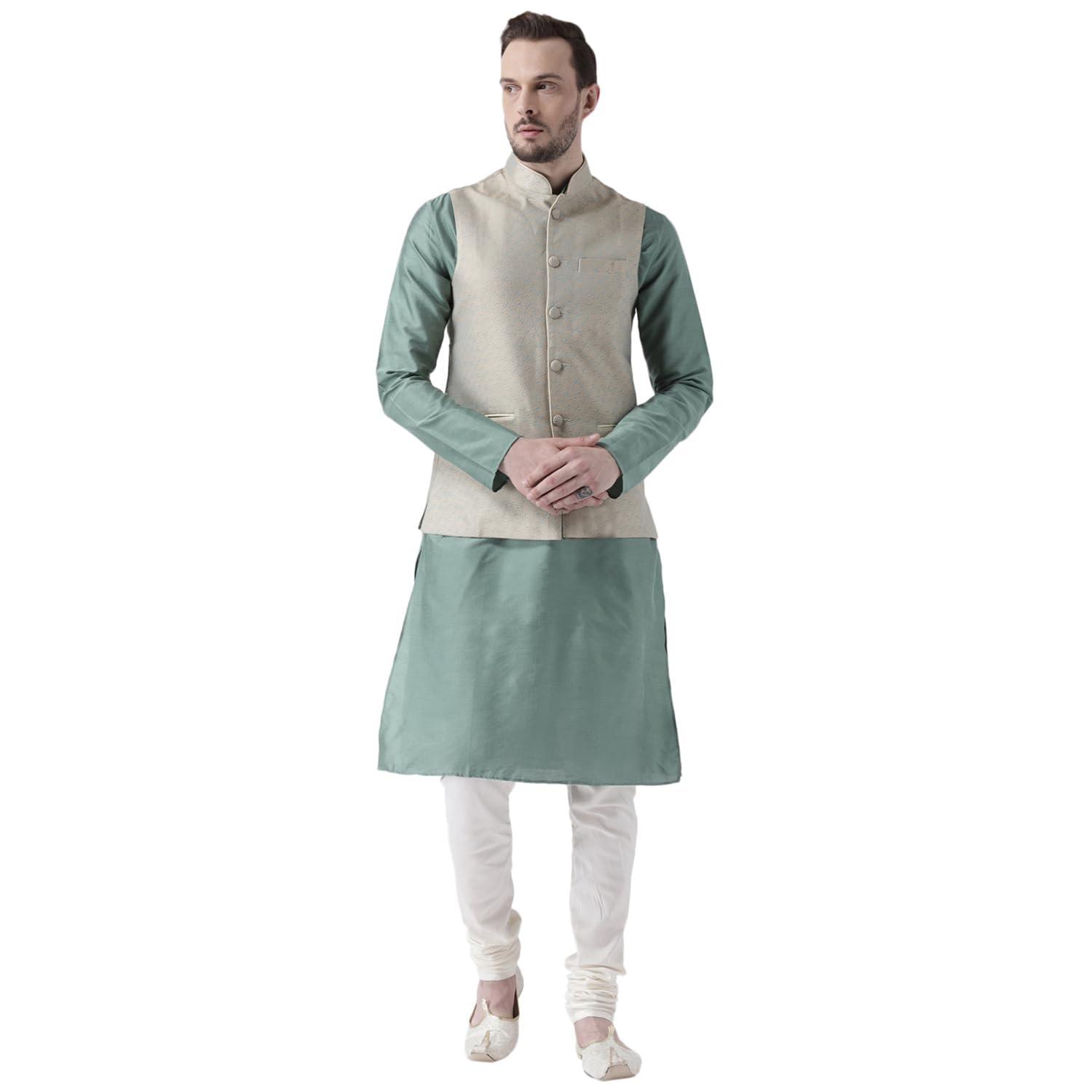 Kisah Men Green Cream Solid Banarasi Kurta With Churidar Nehru Jacket, Full Sleaves, Knee Length, Straight, Regular Fit, Mandarin Collar Ethnic Wear