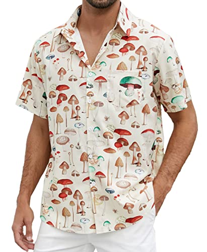 PAODIKUAI Men's Printed Shirt Button Down Short Sleeve Cute Mushroom Hawaiian Shirt
