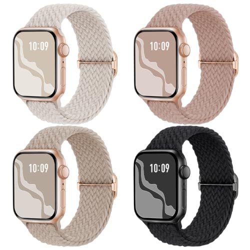 Image of 4 Pack Braided Stretchy Band Compatible with Apple Watch Bands Women Men | 40 /41 /38 /42 /44 /45 /46 /49mm Breathable Nylon Elastic Daily Use Straps for iWatch Series 11 /10 9 8 7 6 5 4 3 SE /Ultra 2