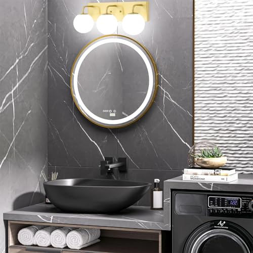 Image of Mid Century Modern Bathroom Light Fixtures, 3-Light Gold Vanity Lights Bathroom Lighting Fixtures Over Mirror, Gold Wall Sconces Wall Lighting with Globe Frosted Milk Glass