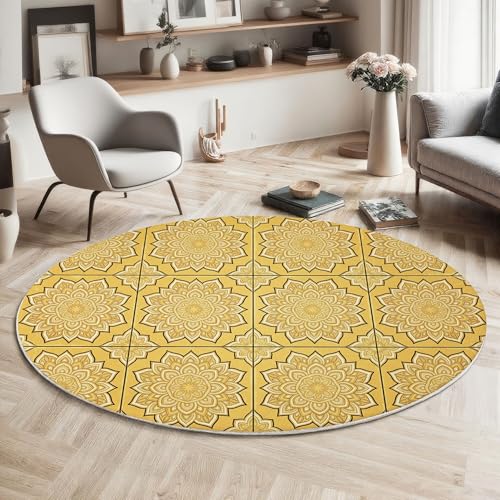 Tapis poils courts mandala jaune doré 200cm antidérapant