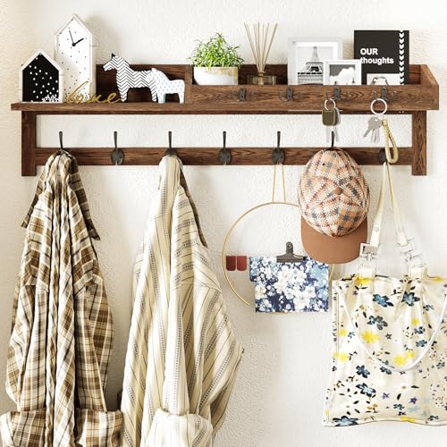 Image of AMBIRD Coat Rack Wall Mount, 35 inch Large Wall Hooks with Shelf, Entryway Shelf with 7 Dual Coat Hooks 4 Key Hooks Mail Organizer, Wooden Coat Hanger and Key Holder Wall Mount