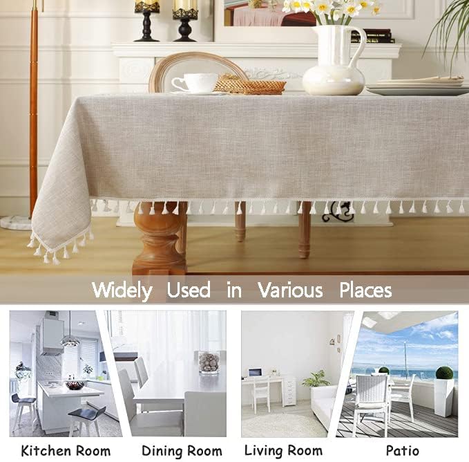 Miniatura 8 de Mantel rectangular de lino, tela de algodón impermeable, arpillera rústica, bohemio, con borlas de café, mantel oblongo, para fiestas, campamentos,