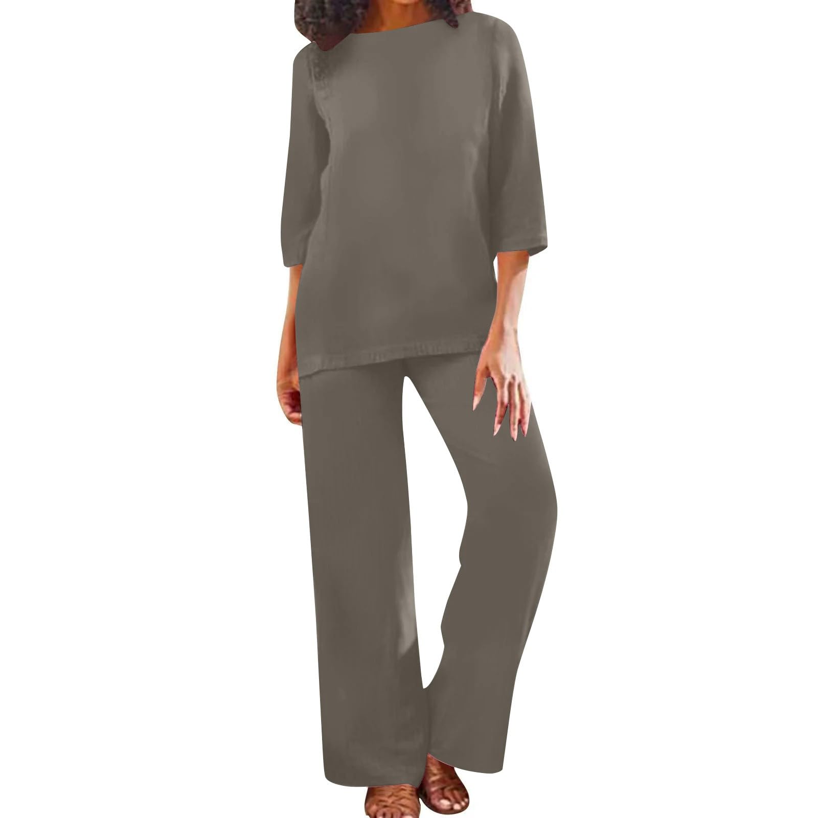 Homewear - Tuta da donna 2 pezzi, in cotone e lino, pantaloni lunghi e | Tuta da donna a 2 pezzi, vestibilità ampia, maniche a 7/8, a maniche lunghe, girocollo, per il tempo libero