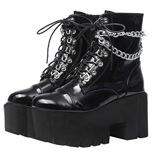 AIMODOR Womens Chain Goth Platform Combat Ankle Boots Chunky High Heel Booties