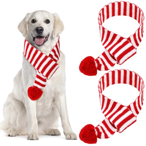 Sanwuta 2 Pcs Christmas Dog Knitted Scarf Santa Scarf Dog Bandanas with Pompom Pet Winter Neck Warmer Costume for Dress up Xmas Cute Costume (Red, White)