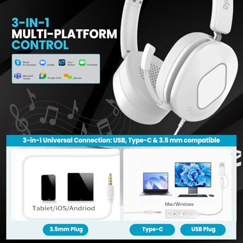 Image of Dyazo 3-in-1 Wired Headset with Mic | Active & Environmental Noise Cancellation | USB, Type-C & 3.5mm Connectivity | Volume & Mute Controls | On-Ear Headphones for PC, Laptops & Mobile Phones (White)
