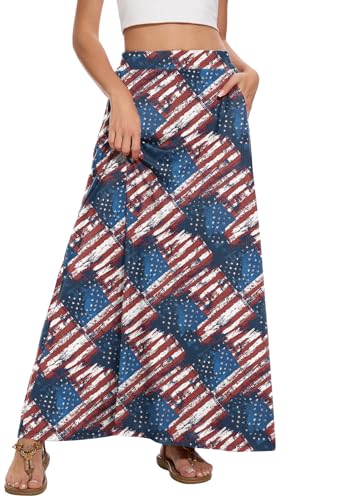 Image of Womens Maxi A-line Long Skirt Casual 2026 Elastic High Waist Flowy Skirts with Pockets