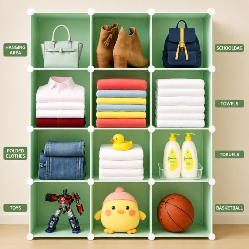 Image of Little Olive Plastic Wardrobe with Height Chart | Animal Print Design for Kids Toys and Clothes | Green Matte Modular Storage Cabinet (110Cm X 36Cm X 145Cm)