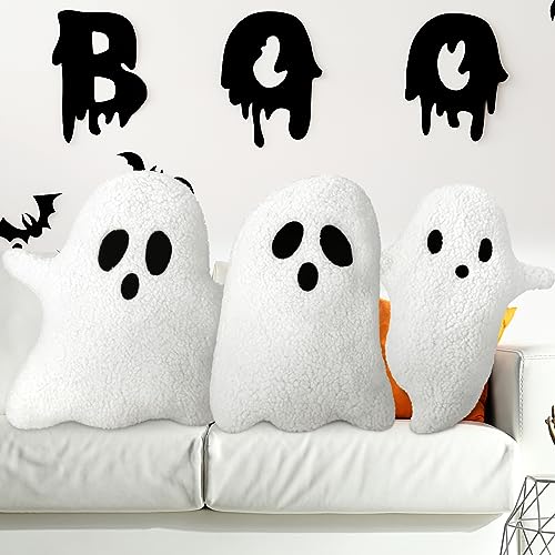 Soaoo 3 Pcs Halloween Pillows 12.6'' x 9.45'' Decorative Spooky Pillows for Sofa White Throw Pillows Decorative Plush Sofa Ghost Cushion for Indoors Home Outdoor Couch Kids