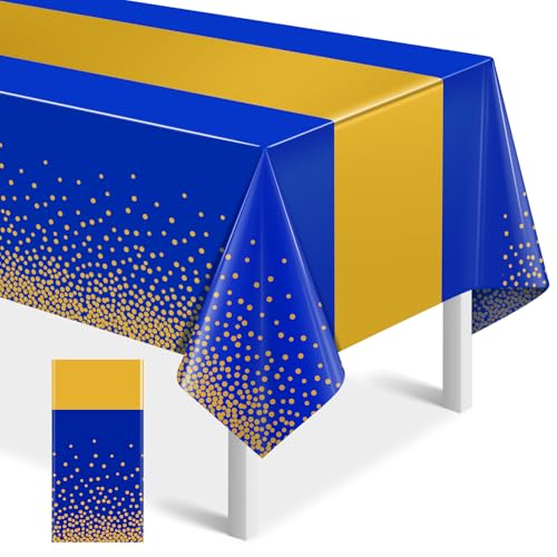 Image of MASHAN 1Pcs Blue Gold Tablecloth Party Decorations,Plastic Royal Blue Table Cloth Printed Gold Table Runner Disposable Rectangle Cover for Birthday Anniversary Wedding Graduation Party,54 x108 Inch