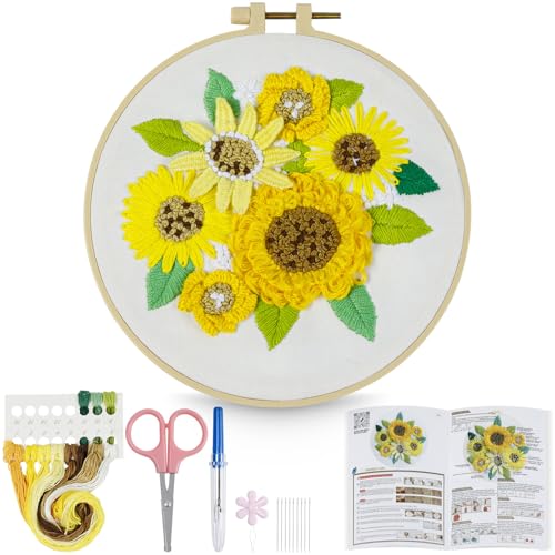 HTVRONT 3D Embroidery Kit for Beginners- Sunflower Embroidery Kits with Step-by-Step Video Tutorials, 3D Art Finished with 5 Stitches, Beginner Embroidery Kit for Adults for Denim Jackets, Home Decor