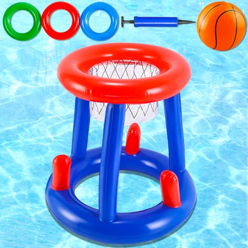NXPZ Jeu de Basket Piscine Gonflable, 2 en 1 Combinaison de Panier de Basket Flottant et de Jeu de Lancer D'anneaux Gonflable, Jouet de Jeu Aquatique de...