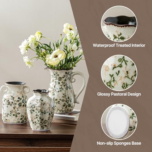 Image of Ceramic Flower Vases Set of 3 | Green Rustic Farmhouse Vase Set for Home Decor, Vintage Floral Decorative Vase for Living Room & Kitchen, Mantel & Bookshelf, Centerpieces, Entryway(5.7+5.9+7.1Inch)