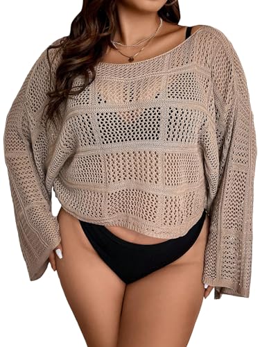 Verdusa Women's Plus Size Hollow Out Sheer Beach Cover Up Boat Neck Bell Sleeve Knitted Pullovers